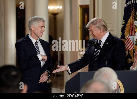 Il presidente DEGLI STATI UNITI Donald Trump annuncia il candidato alla Corte Suprema, il giudice Neil M. Gortali, nella stanza orientale della Casa Bianca, a Washington, DC, USA, il 31 gennaio 2017. Foto di Olivier Douliery/ABACAPRESS.COM Foto Stock