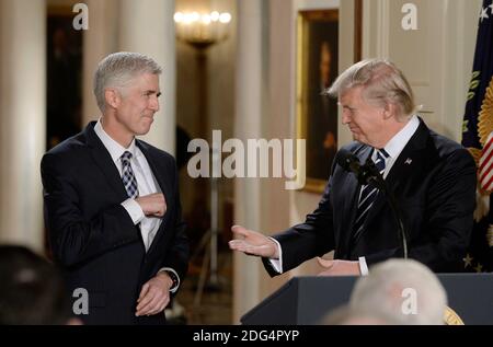 Il presidente DEGLI STATI UNITI Donald Trump annuncia il candidato alla Corte Suprema, il giudice Neil M. Gortali, nella stanza orientale della Casa Bianca, a Washington, DC, USA, il 31 gennaio 2017. Foto di Olivier Douliery/ABACAPRESS.COM Foto Stock