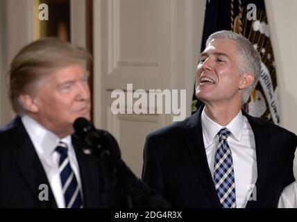 Il presidente DEGLI STATI UNITI Donald Trump annuncia il candidato alla Corte Suprema, il giudice Neil M. Gortali, nella stanza orientale della Casa Bianca, a Washington, DC, USA, il 31 gennaio 2017. Foto di Olivier Douliery/ABACAPRESS.COM Foto Stock