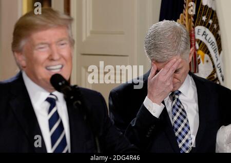 Il presidente DEGLI STATI UNITI Donald Trump annuncia il candidato alla Corte Suprema, il giudice Neil M. Gortali, nella stanza orientale della Casa Bianca, a Washington, DC, USA, il 31 gennaio 2017. Foto di Olivier Douliery/ABACAPRESS.COM Foto Stock