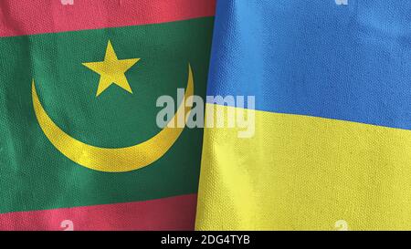 Ucraina e Mauritania due bandiere tessuto tessuto rendering 3D Foto Stock