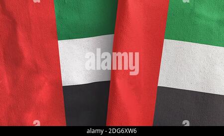 Emirati Arabi Uniti due bandiere tessuto tessuto tessuto rendering 3D Foto Stock