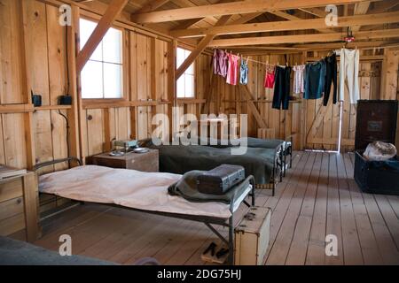 Posti letto nel blocco 14 caserma a Manzanar Nat. Sito storico, un campo dove gli americani giapponesi furono internati durante la seconda guerra mondiale a Owens Valley, California. STATI UNITI. Foto Stock