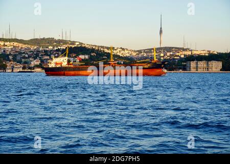 Bella linea costiera del Bosforo con tutti i palazzi di lusso, le verdi colline e le barche sull'acqua in una giornata di sole sotto il cielo blu. Foto Stock