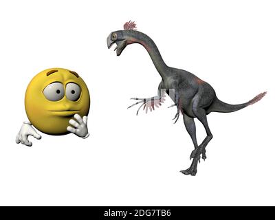 Emoticon spaventata alla vista di un dinosauro - 3d rendering Foto Stock