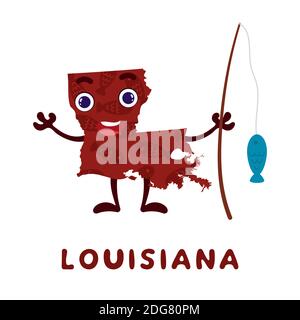 Carino cartoon Louisiana stato carattere clipart. Mappa illustrata dello stato della Louisiana degli Stati Uniti con il nome dello stato. Divertente disegno di carattere per i giochi per bambini, Illustrazione Vettoriale