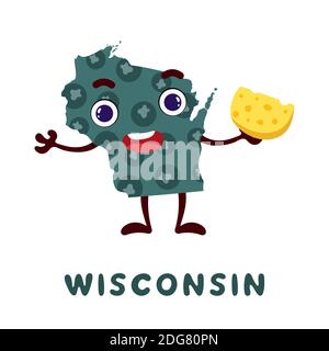 Carino cartoon Wisconsin stato clitpart personaggio. Mappa illustrata dello stato del Wisconsin degli Stati Uniti con il nome dello stato. Divertente disegno di carattere per i giochi per bambini, Illustrazione Vettoriale