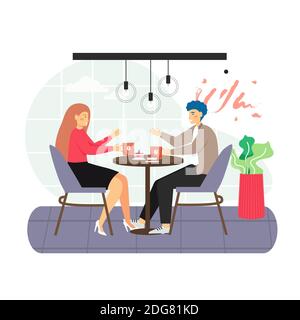 Scena di caffetteria. Felice coppia in amore bere caffè, parlando l'un l'altro seduto a tavola piatta illustrazione vettoriale Illustrazione Vettoriale