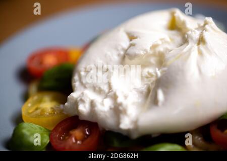 Burrata su insalata colorata di pomodoro e basilico Foto Stock