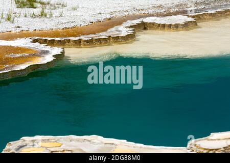 Caratteristica geotermica colorata, Doublet Pool con depositi di geyserite scottati di silice opalina intorno al confine, acqua circa 190○f rara eruzione breve Foto Stock