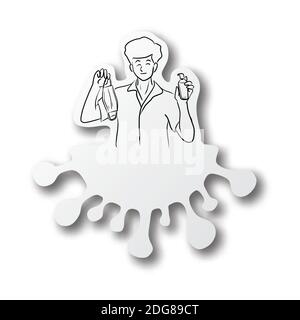 Vettore linea nera mano disegnata di .man che tiene gel di alcool e maschera medica su Covid-19 virus forma carta tagliata con ombra isolata su sfondo bianco. Illustrazione Vettoriale
