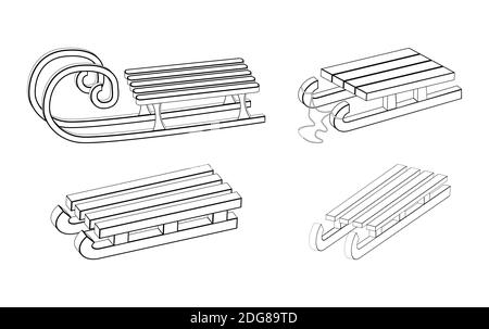 Set di profili slitta. Collezione di icone neve invernale per bambini. Slitta vettoriale in legno. Design classico del simbolo del veicolo per il trasporto in legno di bambini. Stago Illustrazione Vettoriale