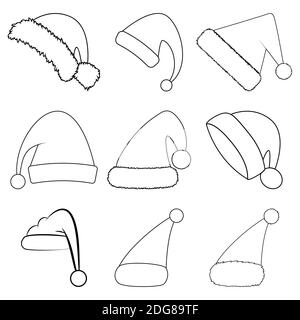 Set profilo cappello natalizio Santa. Collezione a forma di contorno di cappello babbo natale. Gruppo di icone Babbo Natale isolato su sfondo bianco. Inverno simboli semplici Illustrazione Vettoriale