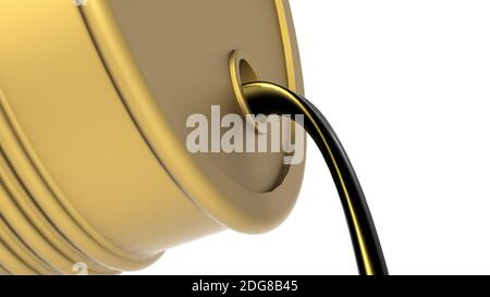 Il petrolio grezzo fuoriesce dal cilindro dorato, rendering 3D Foto Stock
