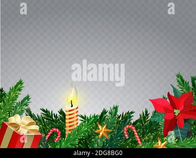 Confine natalizio con rami di abete, canna dolce, candela e stelle. Cartolina di Natale con posto per il tuo testo. Fiore mistletoe. Vettore realistico Illustrazione Vettoriale