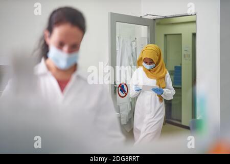 Donna scienziata in maschera facciale e hijab utilizzando tablet digitale Foto Stock