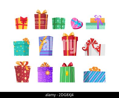 Set di regali isolati. Confezioni regalo multicolore con nastri e archi Illustrazione Vettoriale