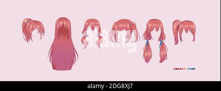 Acconciature manga ANIME. Set di capelli rosa isolati Illustrazione Vettoriale