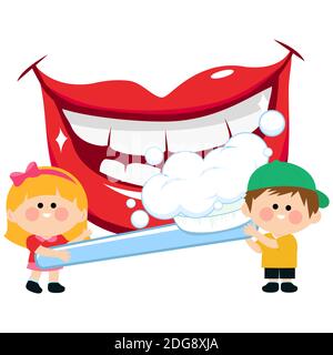 Bambini che tengono uno spazzolino da denti e che spazzolano i denti. Concetto di igiene dentale per bambini. Foto Stock