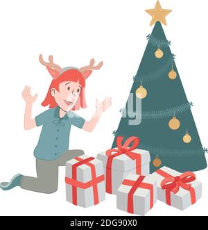 Illustrazione di stile retrò di una ragazza felice di vedere i regali accanto all'albero di Natale. Illustrazione Vettoriale