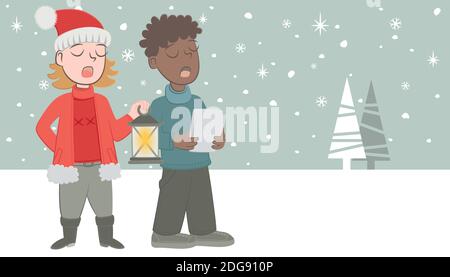 Banner in stile retrò di uns bambini che cantano canzoni di Natale, mentre è nevicante. Illustrazione Vettoriale