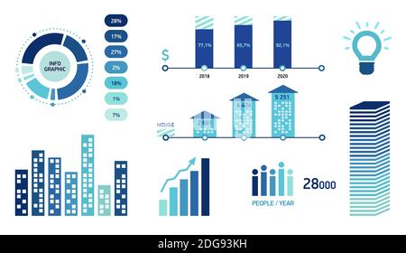 Modello per icone e diagrammi per infografiche aziendali. Imposta grafico informazioni astratto blu. Elementi di progettazione del concetto aziendale. Illustrazione vettoriale in fl Illustrazione Vettoriale