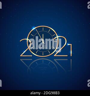 Anno nuovo 2021. Tessera vacanze con orologio dorato. Oro brillante 2021 su sfondo blu. Design di Capodanno per invito, calendario, biglietto d'auguri. Oro l Illustrazione Vettoriale