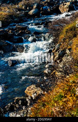 Tranquillo piccolo torrente con acqua fresca fredda che si scioglie da un ghiacciaio in montagna. Foto Stock