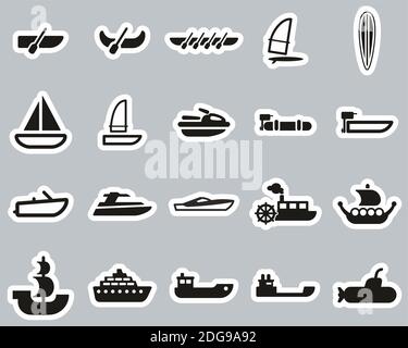 Icone della barca o della nave Set di adesivi in bianco e nero Grande Illustrazione Vettoriale
