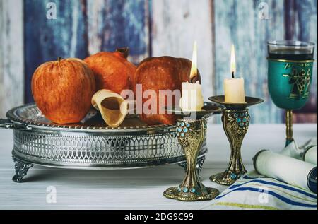 Rosh hashanah jewish concetto di Capodanno. Simboli tradizionali Foto Stock