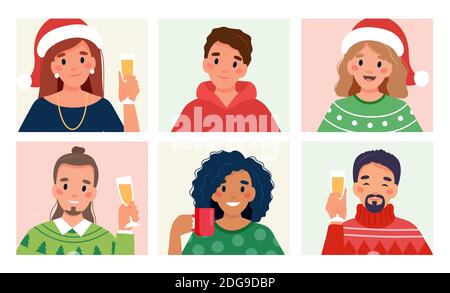 Festa di Natale online. Gruppo di persone che si riunano in videoconferenza a Natale. Illustrazione Vettoriale
