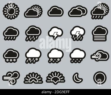 Icone meteo Bianco su nero Sticker Set Grande Illustrazione Vettoriale