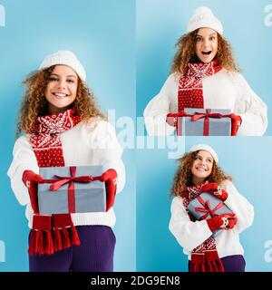 collage di donna allegra in cappello e mittens che tiene avvolto confezione regalo blu Foto Stock