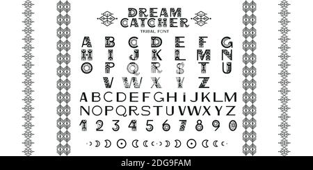 Alfabeto tribale. Lettere, numeri e simboli in stile etnico geometrico . Illustrazione dei font vettoriali Illustrazione Vettoriale