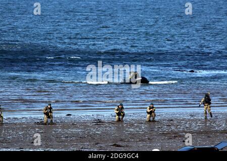 Scottish International Airshow Sabato 5 Settembre, Ayr, Ayrshire, Scozia, Regno Unito. Royal Marines sostenuto da un elicottero e la miniera spazzatrice fase di un esercizio di ostaggi gratuiti sulla spiaggia, con armi da fuoco e personale militare.Scottish Air Show prova di Royal Marine Assault a Ayr Beach con 43 Commando Fleet Protection un elicottero Merlin e Scozzese e Irlanda del Nord Yeomanry Foto Stock