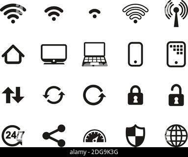 Icone di connessione WiFi in bianco e nero Imposta Grande Illustrazione Vettoriale