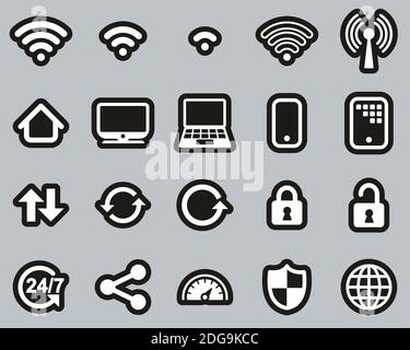 Icone di connessione WiFi bianche su nero Stickker Set grande Illustrazione Vettoriale