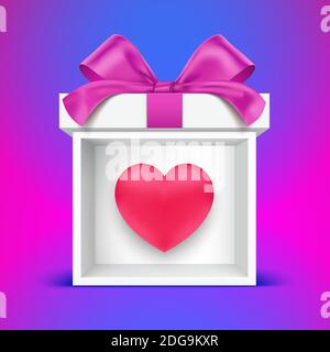 Box regalo, con l'icona del cuore rosso all'interno. Biglietto d'auguri per San Valentino, con la scatola regalo bianca su sfondo rosa blu. Illustrazione vettoriale 3D romantica. Illustrazione Vettoriale