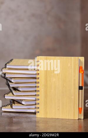 Eco notebook in legno di bambù e carta riciclata con penna. Messa a fuoco selettiva con profondità di campo ridotta. Foto Stock