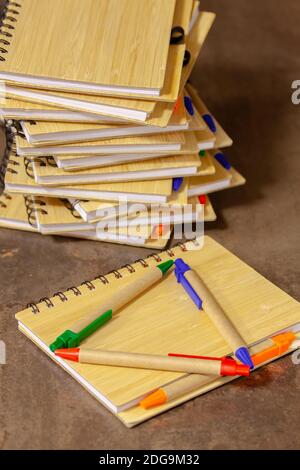 Eco notebook in legno di bambù e carta riciclata con penna. Messa a fuoco selettiva con profondità di campo ridotta. Foto Stock