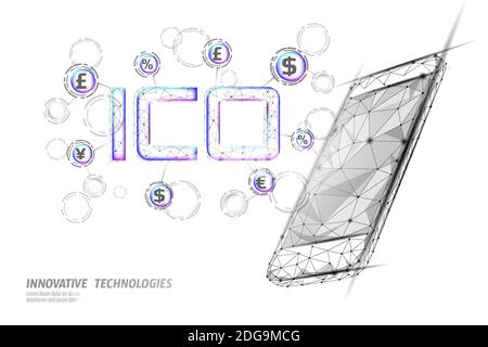 Moneta iniziale che offre il concetto di tecnologia delle lettere ICO. Business Finance economy basso design stile poly. Crypto banking valuta offerta online. Internet Illustrazione Vettoriale