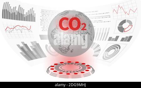 CO2 inquinamento atmosferico pianeta Terra. Grafico crescente del problema climatico dei danni. Ambiente ecologico pericolo anidride carbonica. Riscaldamento globale equilibrio serra Illustrazione Vettoriale