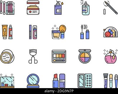 Set di icone di linee a colori piatte Cosmetics. Specchio, profumo, polvere, crema e molto altro. Illustrazione Vettoriale