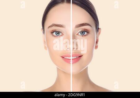 Faccia femminile prima e dopo colorazione e styling sopracciglia su sfondo beige Foto Stock
