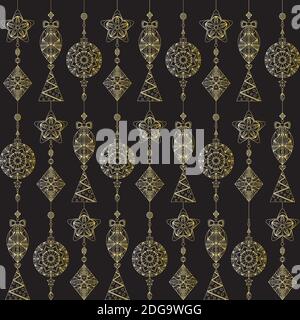 Motivo senza giunture natalizie. Giocattoli di Natale in oro su sfondo nero. Ornamento dorato, stile orientale Illustrazione Vettoriale