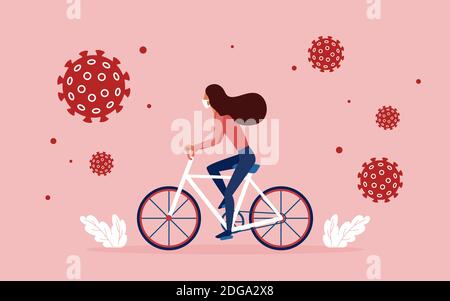 Ragazza che indossa una maschera medica che protegge contro il coronavirus, bicicletta da corsa illustrazione vettoriale. Cartone animato personaggio donna ciclismo all'aperto, utilizzando misure di protezione, covid19 concetto di prevenzione sfondo Illustrazione Vettoriale