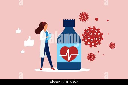 Illustrazione vettoriale del concetto di trattamento delle pillole di coronavirus. Cartoon minuscolo medico in piedi vicino grande bottiglia di medicina, vaccino o capsule di droga medica, per trattare la corona virus polmonite sintomi di fondo Illustrazione Vettoriale