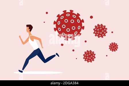 Coronavirus covid19 cellule che inseguono l'illustrazione vettoriale del concetto di uomo. Cartoon carattere maschile che si allontana da aggressivi patogeni virus pericolosi per proteggere la salute, per evitare il background di infezione virale Illustrazione Vettoriale