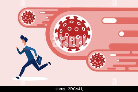 Coronavirus crollo finanziario, crisi economica di panico nel business concept illustrazione vettoriale. Un uomo d'affari di Cartoon che si allontana dal virus della corona, covid19 agenti patogeni hanno un impatto sul background degli uomini d'affari Illustrazione Vettoriale