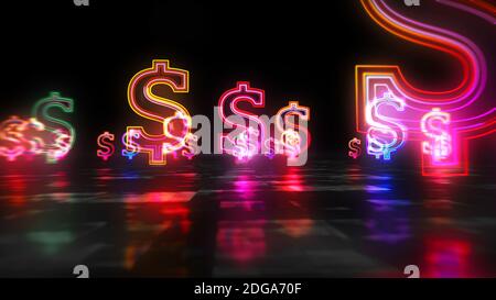 Simbolo del dollaro, icona del neon del denaro, concetto di loop del segno di contanti. Illustrazione del rendering 3d astratto futuristico. Foto Stock